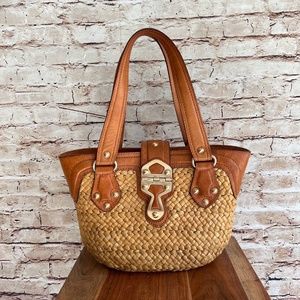 MICHAEL Michael Kors Women's Santorin Basket Woven Straw Small Tote Leather Bag